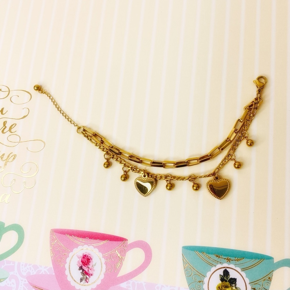 Double Heart Double Chain Gold Tone Charm Bracelet - Picture 4 of 5